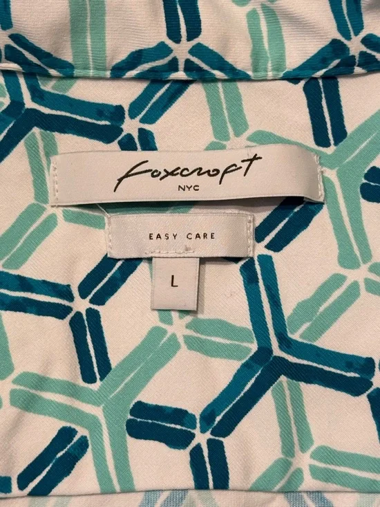 Foxcroft - Geometric V-Neck - Tunic Dress Cover Up - Teal, White, Navy - Large - Picture 11 of 15